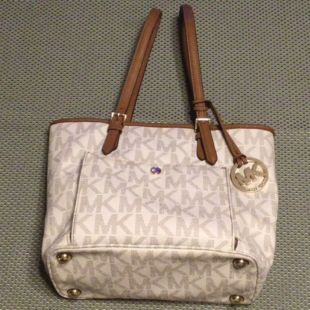 Michael Kors tan and cream large logo leather/coated canvas satchel